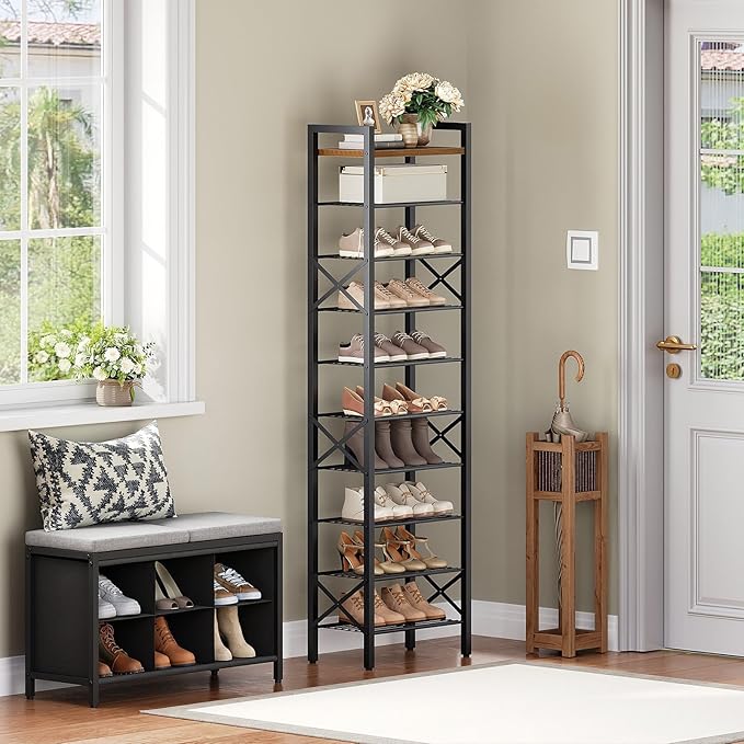 YATINEY 10-Tier Narrow Shoe Rack, Tall Shoe Rack for 10-20 Pairs, Slim Shoe Storage Organizer with Wooden Top, Space Saving, Metal Frame, for Entryway, Rustic Brown and Black SS68BR