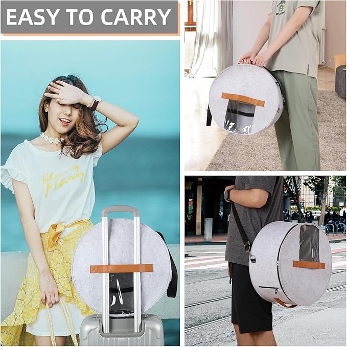 Pehciroe Round Hat Storage Box, Portable Felt Travel Hat Boxes for Women & Men with Translucent Dustproof Lid and Shoulder Strap for Various Types of Hats/Clothes & Toy Storage/Closet Organizer, Grey