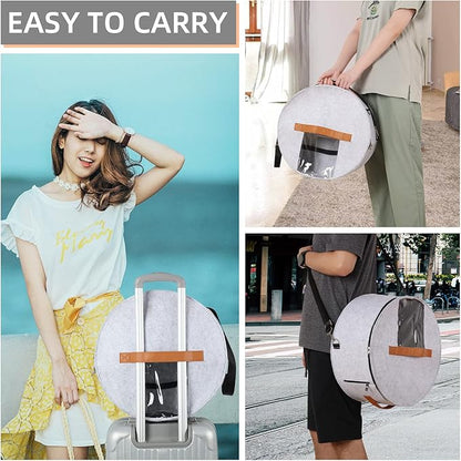 Pehciroe Round Hat Storage Box, Portable Felt Travel Hat Boxes for Women & Men with Translucent Dustproof Lid and Shoulder Strap for Various Types of Hats/Clothes & Toy Storage/Closet Organizer, Grey