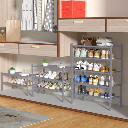ROMGUAR CRAFT 5 Tier Bamboo Shoe Rack for Closet Free Standing Wood Shoe Shelf for Entryway Small Space Stackable 27"x11"x33" (Grey)