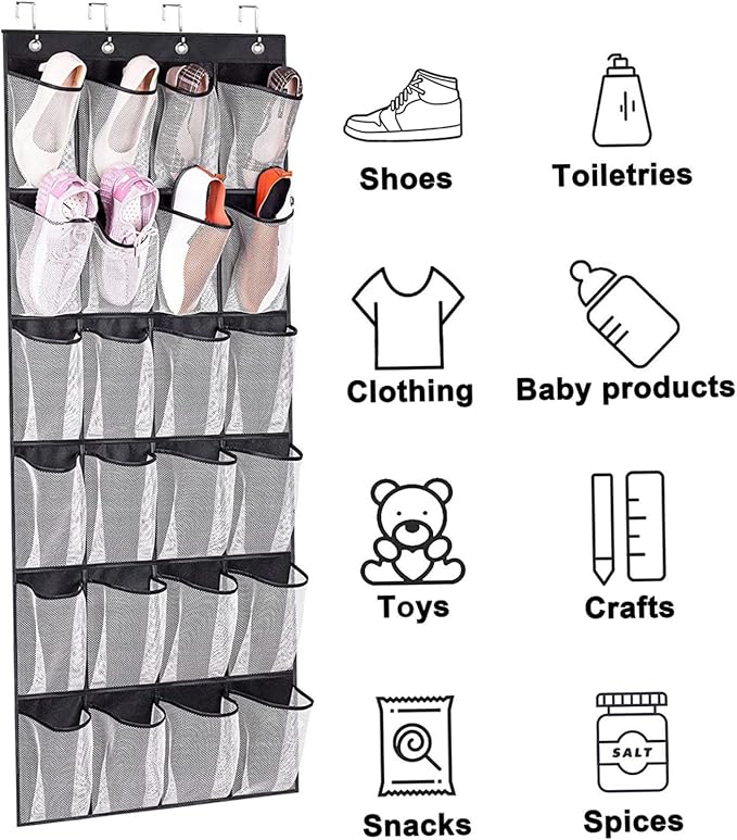 Over Door Shoe Storage 24 Mesh Pockets Over the Door Organiser for Shoes Multifunctional Hanging Shoe Rack Storage for Bedroom, Living Room, Bathroom, For Wardr