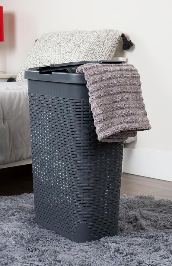 Mind Reader Slim Laundry Hamper with Lid, 40L Clothes Basket, Narrow Tapered Design with Ventilated Cutout Pattern, Plastic, Gray