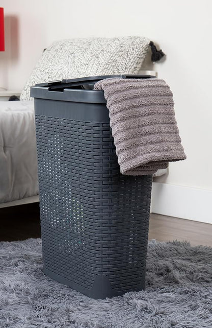 Mind Reader Slim Laundry Hamper with Lid, 40L Clothes Basket, Narrow Tapered Design with Ventilated Cutout Pattern, Plastic, Gray