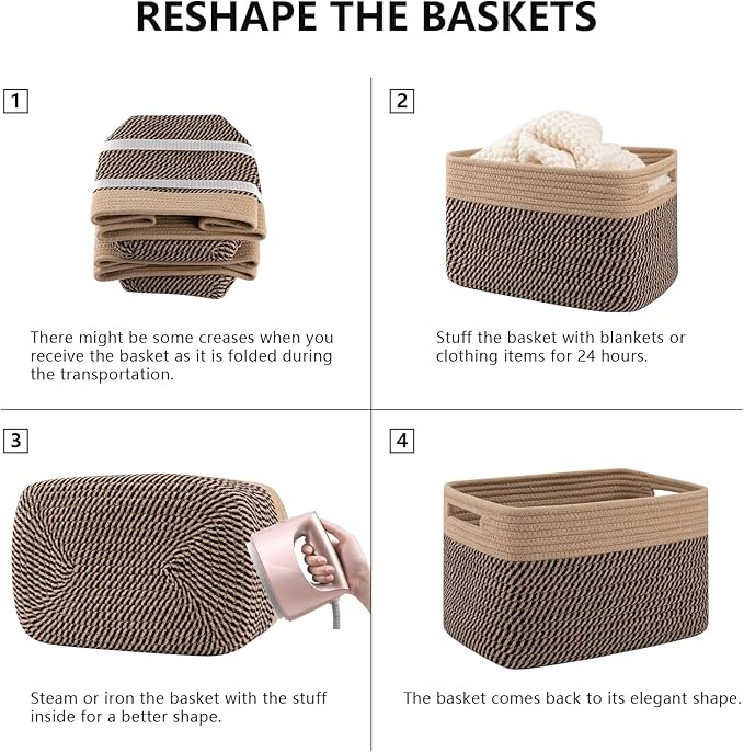4 Pack Storage Baskets for Organizing, Woven Baskets for Shelves - Perfect for Toys, Books, Towels, and Clothes, Durable Gift Basket Bins Toy Storage, 12.7''L x9''W x7.8''H, Black and Brown