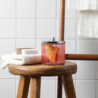 KMwares 2-Pack Pink Glass Bathroom Canister Set with Silver Metal Lids – Stylish, Airtight Storage for Cotton Balls, Swabs, Pads, and Floss Picks