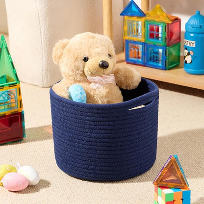 MiniArk Small Basket for Organizing | Cube Shelf Closet Storage Baskets | 9.7×9.7×7.1” | Woven Rope Gift Basket | Nursery | Round 3 Packs Navy Blue
