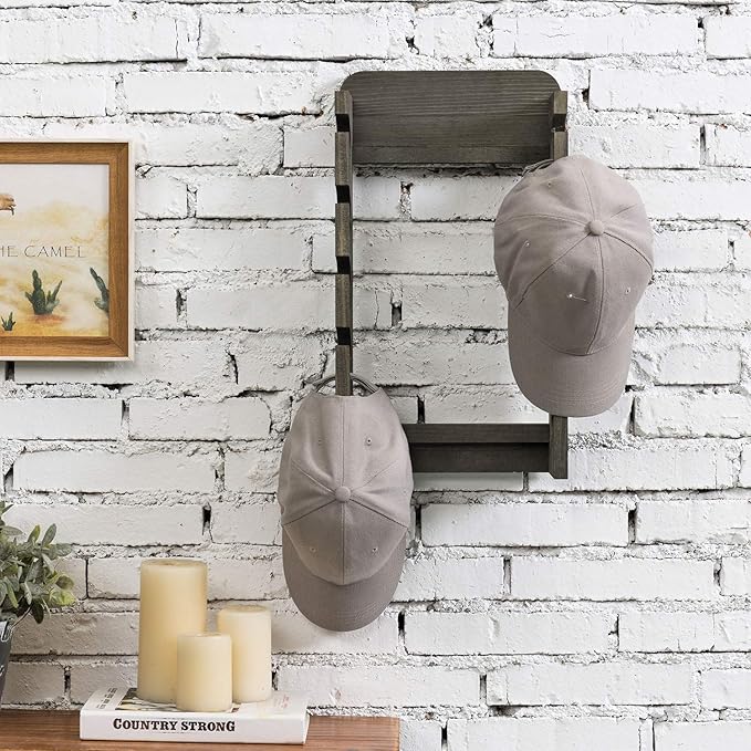 MyGift Hat Organizer for Baseball Caps, Wooden Vertical Hat Rack Wall Mounted with 10 Hooks, Rustic Gray Solid Wood Hanging Hat and Garment Holder