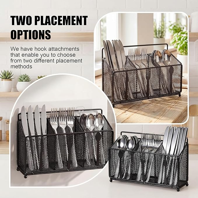 Metal Utensil Caddy Silverware Caddy, Black Silverware Holder for Countertop Flatware Utensil Cutlery Organizer Container for Spoon Fork Knives Kitchen Outdoor Party Camping Picnic Storage