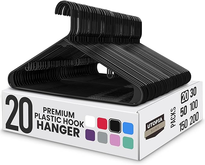Utopia Home Plastic Hangers 20 Pack - Space Saving Clothes Hanger - Durable & Strong Closet Organizers and Storage with Built-in Strap Hooks - Essential for Shirts, Pants, Skirts & Coats (Black)
