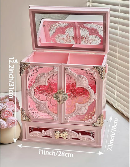 Lighted Vanity Makeup Organizer with Mirror, Large Vintage Cosmetic Storage Box with Drawers, Waterproof Dustproof Skincare & Beauty Organizer for Bathroom Counter, Gift for Women (Pink)