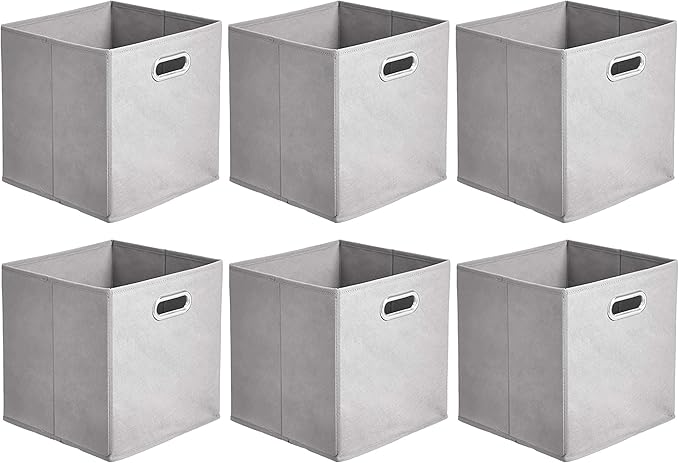 Amazon Basics Collapsible Cube Storage Bins, Space-Saving, Organizing Fabric Bins with Handles, 10.5 x 10.5 x 11 inches, Light Grey, 6-Pack