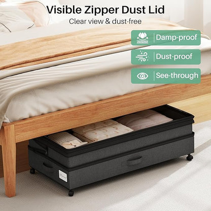 Kitstorack 2Pack Height-adjustable Under Bed Storage with Wheels, Under Bed Storage Containers,Under Bed Shoe Storage Organizer with Clear Window&Label, Suitable for Clothes Storage, Black