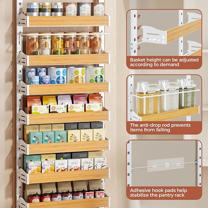 8-Tier Spice Rack Wall Mount, Heavy-Duty Over the Door Pantry Organizer with Wooden Adjustable Basket, 2 IN 1 Wall Mount or Hanging Pantry Door Organizer, Door Spice Rack for Home, White