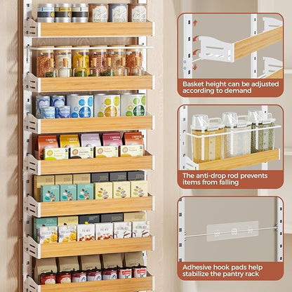 8-Tier Spice Rack Wall Mount, Heavy-Duty Over the Door Pantry Organizer with Wooden Adjustable Basket, 2 IN 1 Wall Mount or Hanging Pantry Door Organizer, Door Spice Rack for Home, White