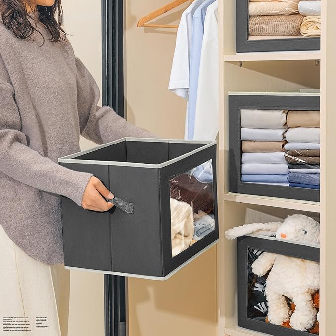 Homsorout Stackable Storage Bins with Lids - Large Decorative Basket with Lids, Fabric Foldable Closet Organizer Bins, Shelf Organizer for Living Room, Dorm, 5 Pack, Dark Grey