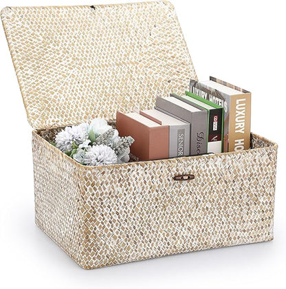 Hipiwe Wicker Woven Baskets Bin with Lid Natural Seagrass Basket Storage Bin Rectangular Household Basket for Shelf Wardrobe Home Decor, Whitewash, X-Large
