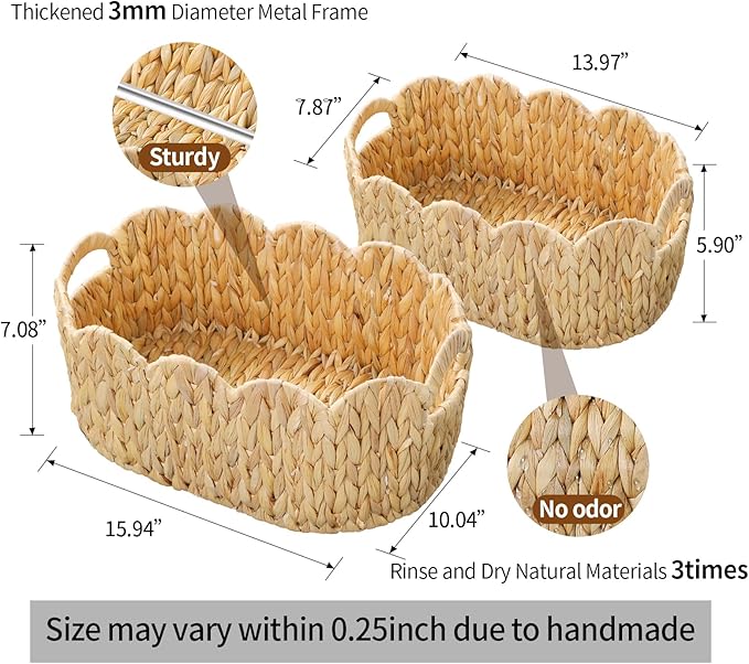 Coeusy Scalloped Basket Set of 2,Water Hyacinth Basket for Organizing and Decor,Hand-Woven Wicker Storage Baskets with Built-In Handles for Nursery,Gift,Laundry