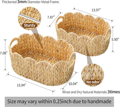Coeusy Scalloped Basket Set of 2,Water Hyacinth Basket for Organizing and Decor,Hand-Woven Wicker Storage Baskets with Built-In Handles for Nursery,Gift,Laundry