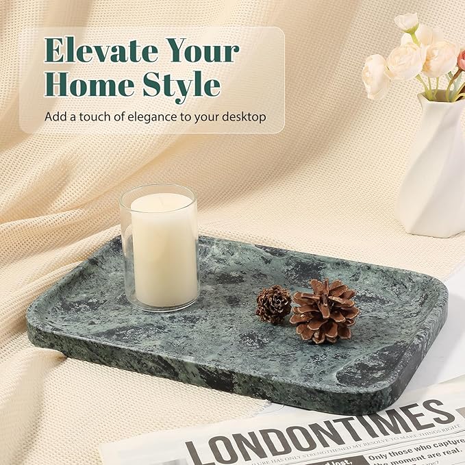 Koville Marble Tray, 12"x8" Marble Vanity Tray for Countertop Bathroom Kitchen Dresser, Decorative Catchall Trays for Perfume Jewelry, Rectangular Stone Serving Tray(Green)