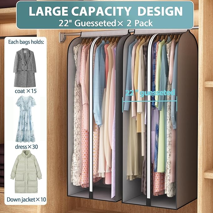 Liuoud 22” Gusseted Garment Bags for Hanging Clothes, Large Clear Window Clothes Cover for Closet Storage, Wardrobe Coat Protector for Suit, Shirt Long Dress, Bottom Enclosed, 2 Pack, 60” Long