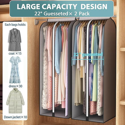 Liuoud 22” Gusseted Garment Bags for Hanging Clothes, Large Clear Window Clothes Cover for Closet Storage, Wardrobe Coat Protector for Suit, Shirt Long Dress, Bottom Enclosed, 2 Pack, 60” Long