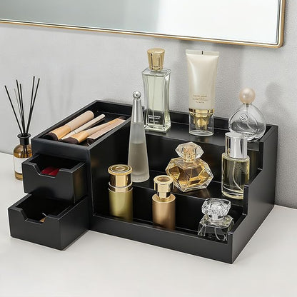 Countertop Perfume & Makeup Organizer - Wooden Rack, Cologne Stand Shelves & Skincare Organizer for Bedroom Dresser, Organizador de Perfumes Estante para Perfumes (Black, 01)