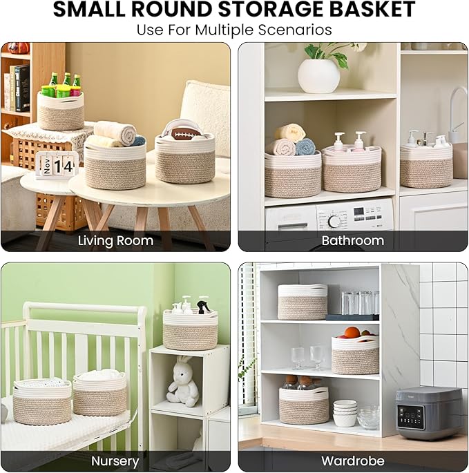 ICERZCZ Small Storage Baskets for Organizing, Organizer Baskets for Shelves, Small Woven Basket for Storage, Cute Brr Basket for Gifts Empty, 9.7"×9.7"×7" (3 Packs) Off White & Brown