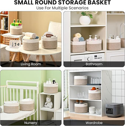 ICERZCZ Small Storage Baskets for Organizing, Organizer Baskets for Shelves, Small Woven Basket for Storage, Cute Brr Basket for Gifts Empty, 9.7"×9.7"×7" (3 Packs) Off White & Brown