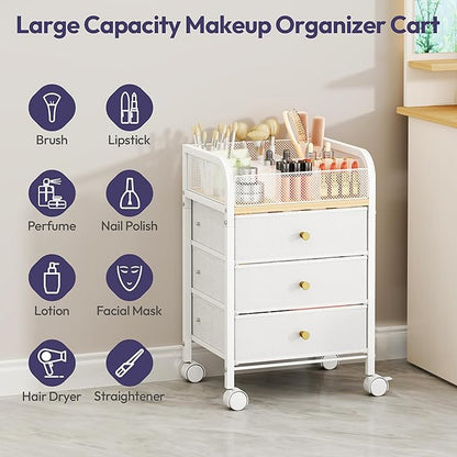 SWTYMIKI Rolling Makeup Organizer Cart - 14.96″*11.81″*23.03″ Widened Under Desk Vanity Storage with 3 Non-woven Drawers, Cosmetic Display Cases for Skin Care Perfume Nail Polish Brush Hair Tool White