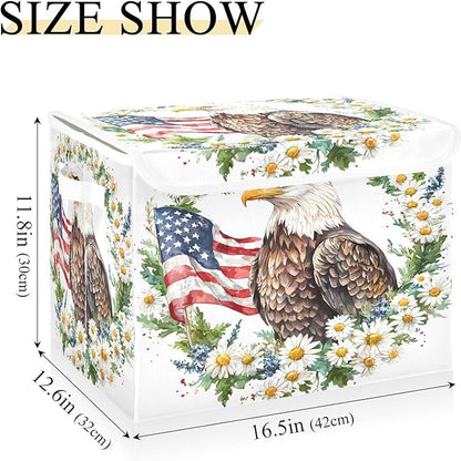senya July Fourth Baskets Collapsible Storage Bins with Lids, Daisy Flower American Flag Bird Storage Boxes Clothes Baskets for Organizing