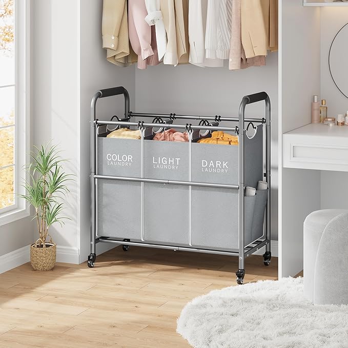 Tajsoon 3 Bag Laundry Sorter Cart, Laundry Hamper Sorter Basket with Heavy Duty Lockable Rolling Wheels for Clothes Storage, Grey & White