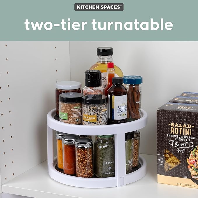 Kitchen Spaces Two-Tier Lazy Susan Organizer, Cabinet Turntable Shelf Storage for Kitchen and Pantry Items, Great for Spices or Condiments, Non-Skid, Sturdy with Full Spin, White