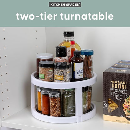 Kitchen Spaces Two-Tier Lazy Susan Organizer, Cabinet Turntable Shelf Storage for Kitchen and Pantry Items, Great for Spices or Condiments, Non-Skid, Sturdy with Full Spin, White
