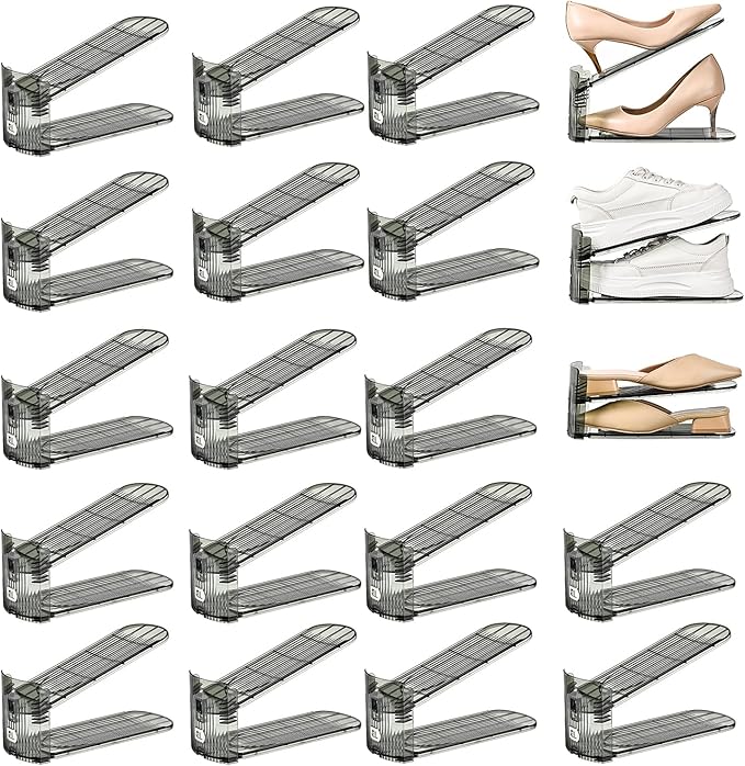 Shoe Slots Organizer, Clear Shoe Stacker, Adjustable Level Shoe Rack,Storage Space Saver for Sneakers Display (Grey Transparent, 20Pack)