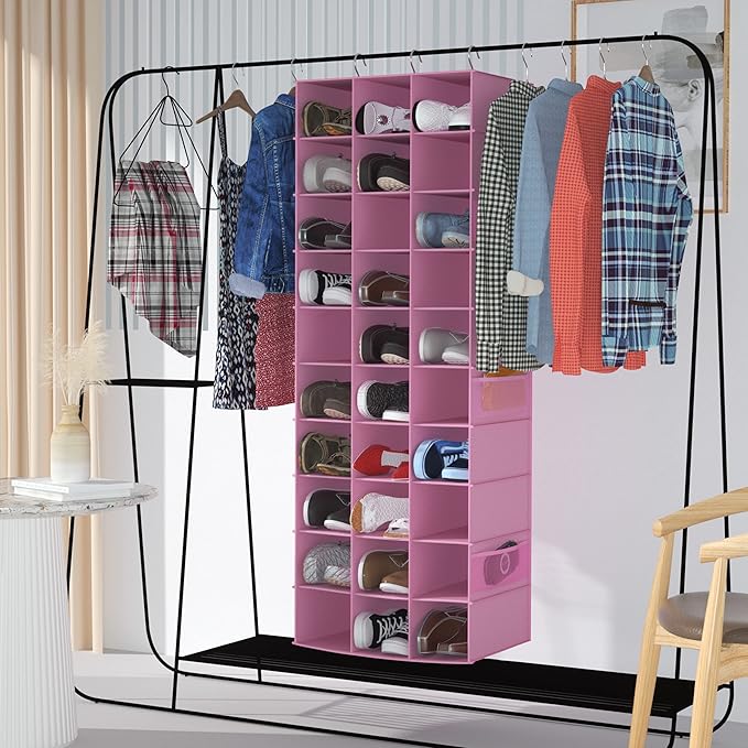 Libeder Hanging Closet Organizers 30 Section Shoe Shelves, Shoe Storage Hanging Shoe Rack, Space Saving Shoe Holder, Pink
