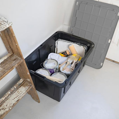 CX BLACK & YELLOW 27-Gallon Heavy Duty Storage Bins with Lids, Stackable Plastic Storage Bins with Weather-Resistant Design, Home Organization, 4 Pack (14.3H x 20.6W x 30.6D)