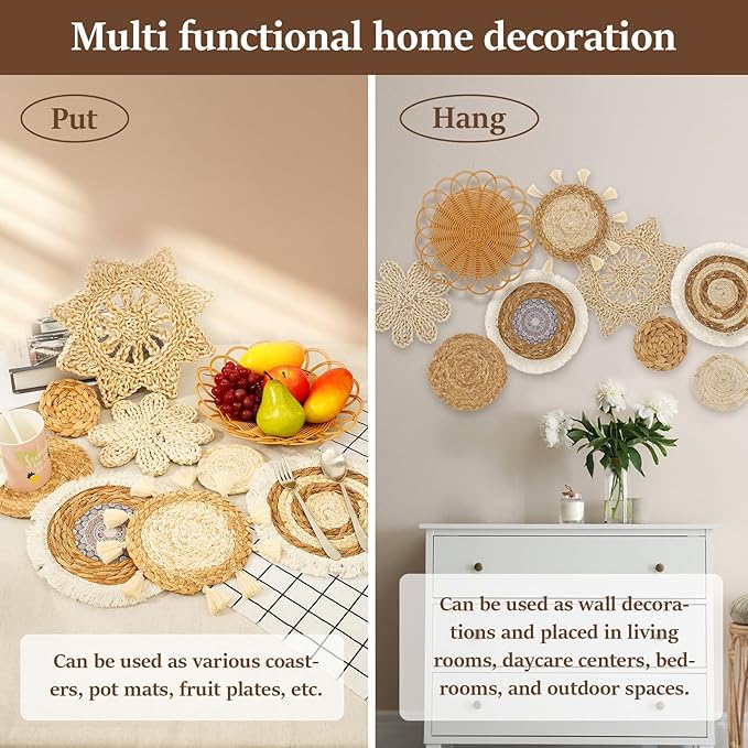 9 Pcs Boho Wall Basket Decor, Rattan Wicker Boho Wall Decor, Hanging Woven Basket Wall Decor, Round Handmade Wall Art for Living Room Bedroom Display Table Settings Home Christmas Decoration (Wood)