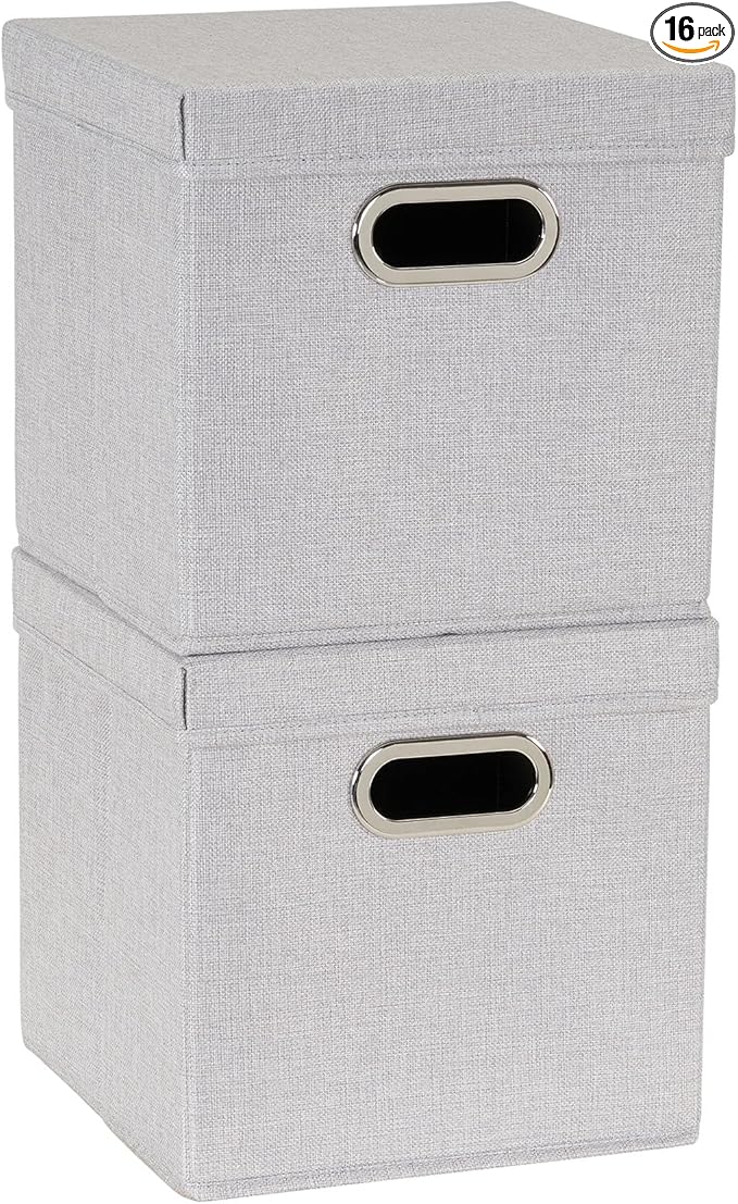 Household Essentials 804-1 Café Cube Bin Storage Set with Lids and Handles | 16 Pack | Silver Linen