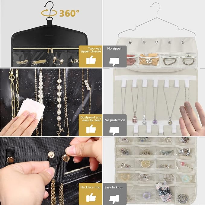 CHICECO Travel Jewelry Holder Organizer,Hanging Jewelry Organizer Storage With Zippered Pockets for Cloest,Wall,Door,Jewelry Holder for Earrings, Necklaces（Upgrade Black）