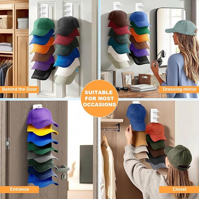 Vocanoe Hat Organizer for Baseball Caps, 2 Pack Hat Rack for Wall Strong Adhesive Hold up to 16 Hats, Multilayer Hat Storage Holder, Wall Mounted Cap Racks for Closet Door and Bedroom (White-2pack)