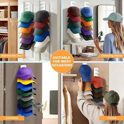 Vocanoe Hat Organizer for Baseball Caps, 2 Pack Hat Rack for Wall Strong Adhesive Hold up to 16 Hats, Multilayer Hat Storage Holder, Wall Mounted Cap Racks for Closet Door and Bedroom (White-2pack)