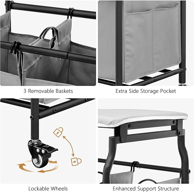 Hoctieon 3 Section Laundry Sorter Cart with Ironing Board, Laundry Hamper with Shelf and Rolling Wheels, Heavy Duty Laundry Basket Organizer, Large Clothes Separator Hamper with Removable Bags, Gray