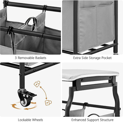 Hoctieon 3 Section Laundry Sorter Cart with Ironing Board, Laundry Hamper with Shelf and Rolling Wheels, Heavy Duty Laundry Basket Organizer, Large Clothes Separator Hamper with Removable Bags, Gray