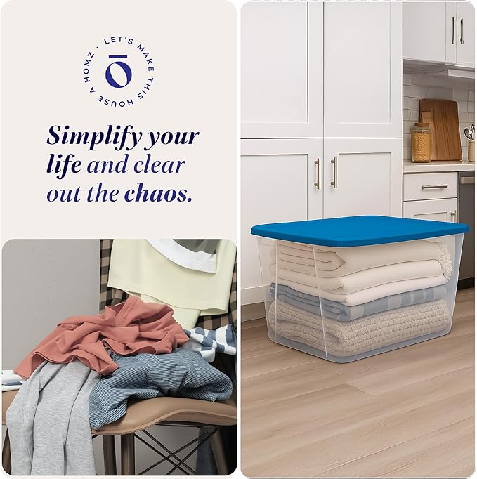 HOMZ 2-Pack Snaplock, Large Clear Plastic Storage Organizer Bins w/Lids, 56 Quart, Blue - Stackable Container Boxes for Bedroom, Bathroom, Garage, and Office Organization