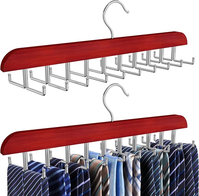 Tie Rack Hanger for Closet, 2 in 1 Belt Tie Hangers with 20 Folding Hooks, 360 Degree Rotating Wooden Tie Holder Organizer for Men Ties Belts Scarves Tank Tops Accessories, Walnut (2 Pack)
