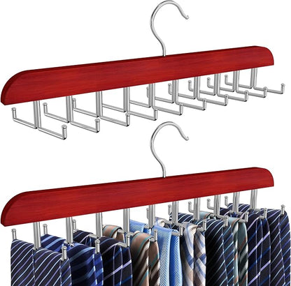 Tie Rack Hanger for Closet, 2 in 1 Belt Tie Hangers with 20 Folding Hooks, 360 Degree Rotating Wooden Tie Holder Organizer for Men Ties Belts Scarves Tank Tops Accessories, Walnut (2 Pack)