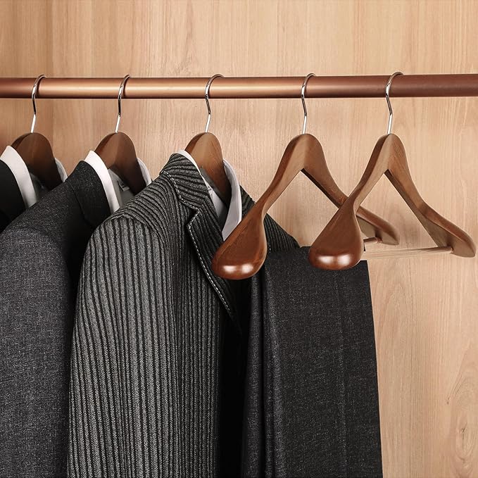 TOPIA HANGER Wide Shoulder Wooden Hangers, Suit Hangers with Non Slip Pants Bar & 360° Swivel Hook, Solid Wood Heavy Duty Coat Hanger, 6 Pack (Walnut)-CT02WA