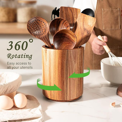 Criusia Utensil Holder 2 Pack, 360° Rotating Acacia Wood Cooking Utensil Crocks for Kitchen Counter, Farmhouse & Modern Decor, (2 Large)