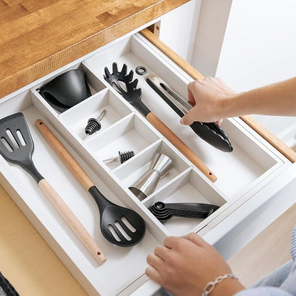 KitchenEdge Adjustable Kitchen Drawer Organizer for Utensils and Junk, Food-Safe Contract Grade with 100% Sustainable Wood, Expandable from 16 to 28 Inches Wide - White Bamboo