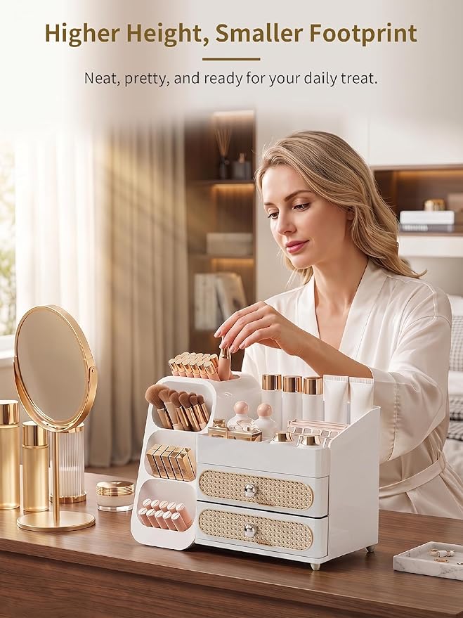 Booklov Makeup Organizer for Vanity, Large Capacity Cosmetic Display Case with Drawers, Countertop Beauty Storage Holder for Skincare, Brush Eyeliner Perfume Eyeshadow Lipsticks, Counter Desk, White